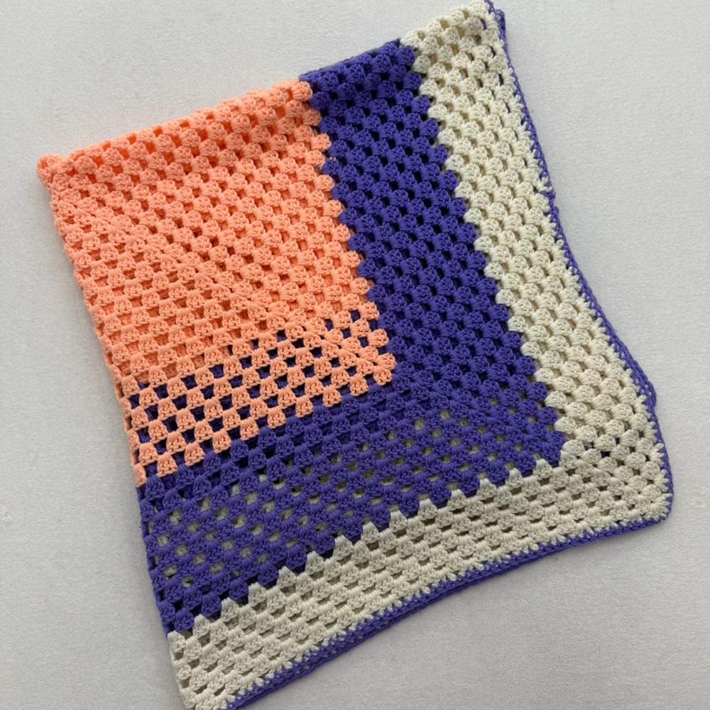 Handmade Crochet Granny Square Blanket Peach Purple Cream Colorblock Throw 45x43